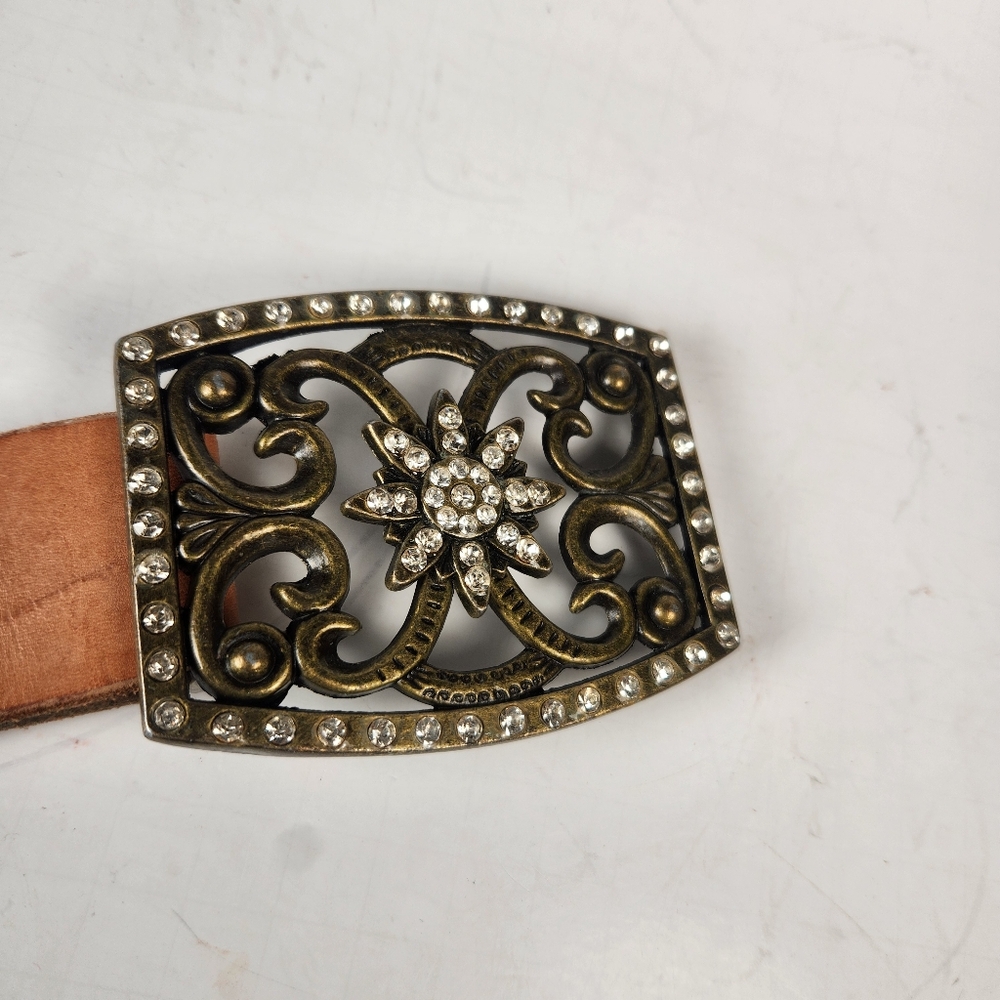Western Rhinestone Belt Size 32 Brown Tooled Leather Cowboy Rodeo Equestrian - Picture 8 of 9
